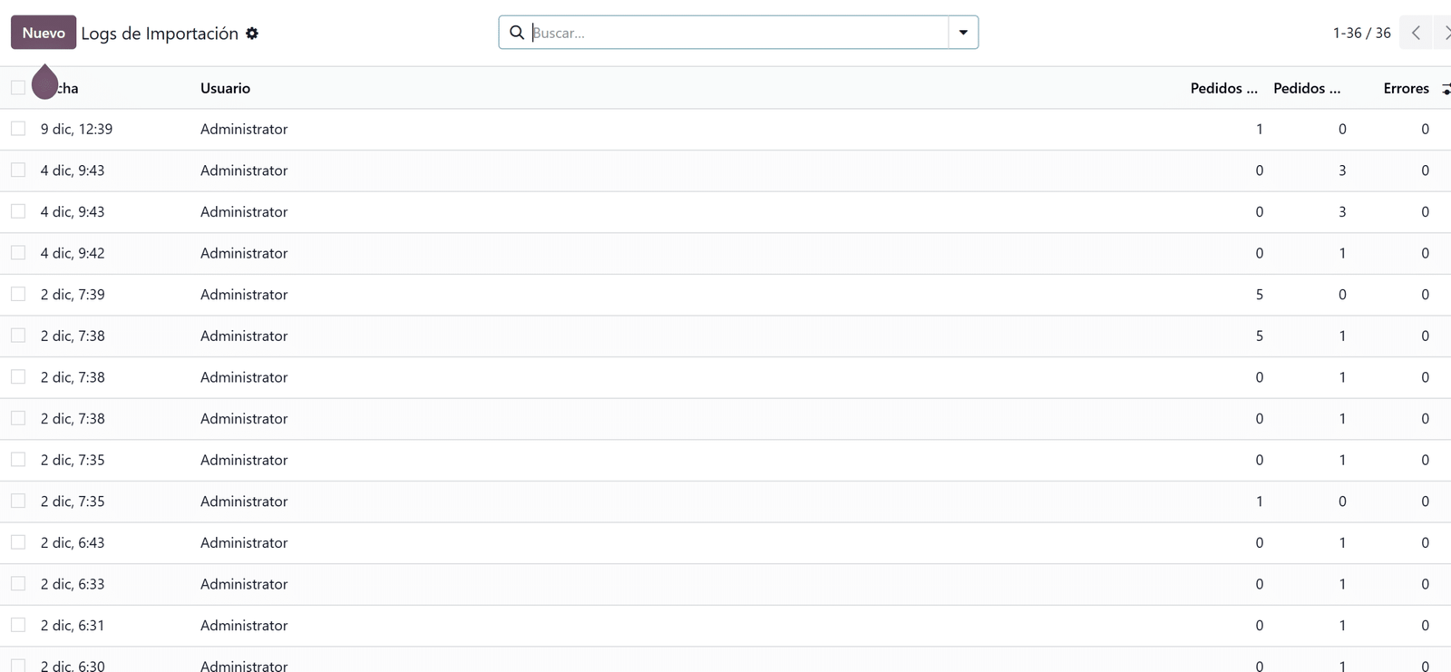 Logs de importación del módulo Odoo WooCommerce connector